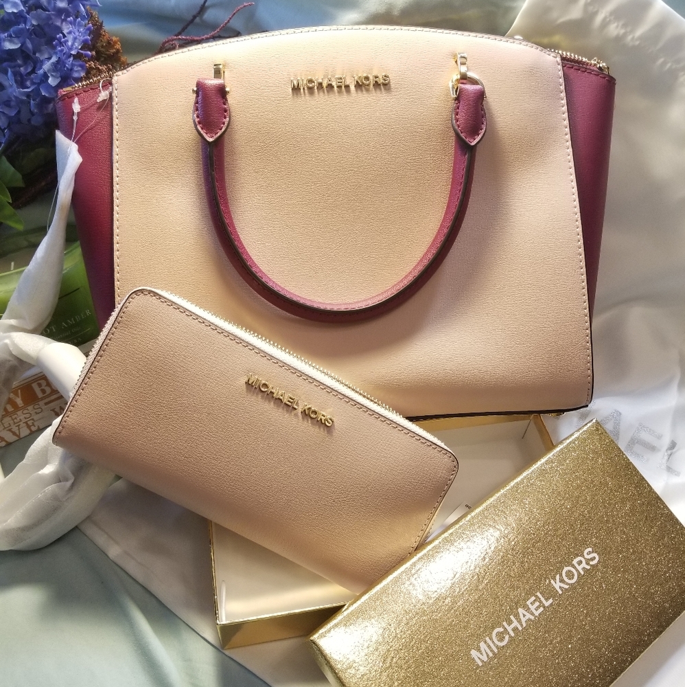 2 PIECE MK Large Ellis Magenta Purse Wallet Set